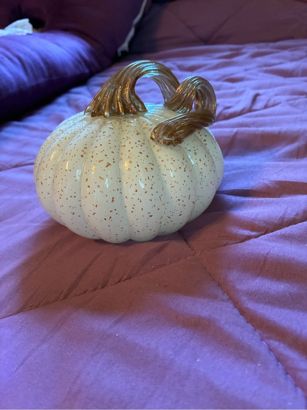 Decorative White Speckled Pumpkin with Gold Stem - Home Accent hand blown glass